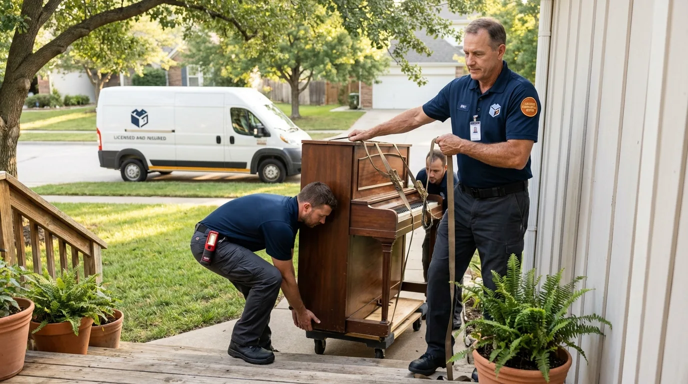 Licensed piano movers securing grand piano in Buxton, ME