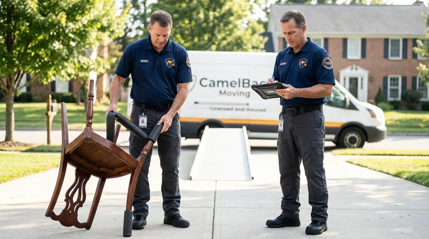 Movers inspecting furniture for damage prevention before loading in Buxton, ME