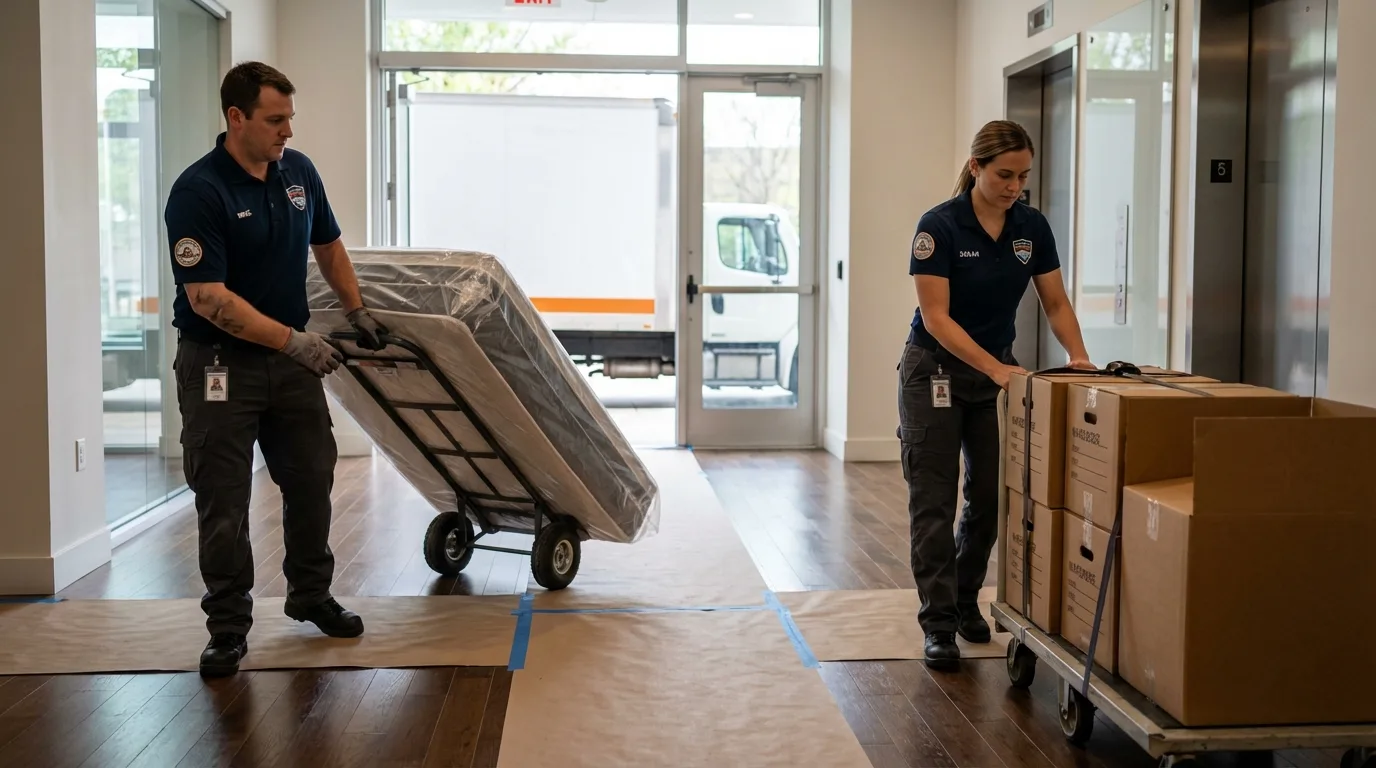 Professional apartment movers loading elevator in Buxton, ME