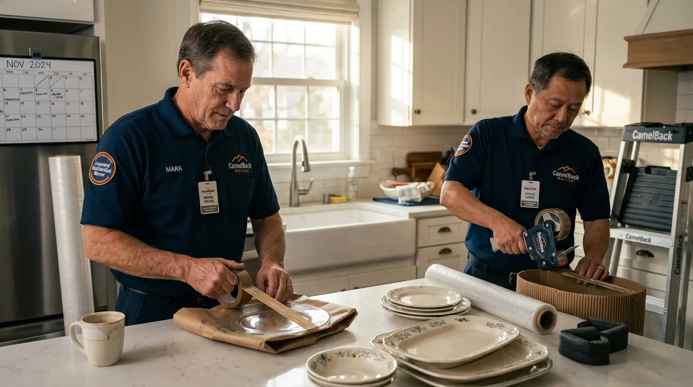 Professional crew packing kitchen dishware in Buxton, ME